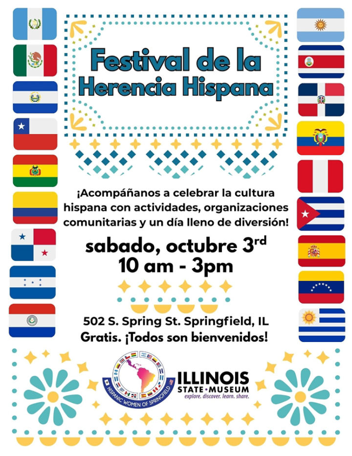 Promotional poster for Hispanic Heritage Festival. The sides are lined with flags.